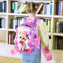 3PCS Backpacks For Girls, 16" Elementary Kids Cute Cat Backpack Preschool School Bookbags And Lunch Box