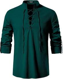 Men's Pure Cotton Retro Lace Up Shirts For Renaissance Pirate Viking Medieval - 墨綠色 - 查看 2