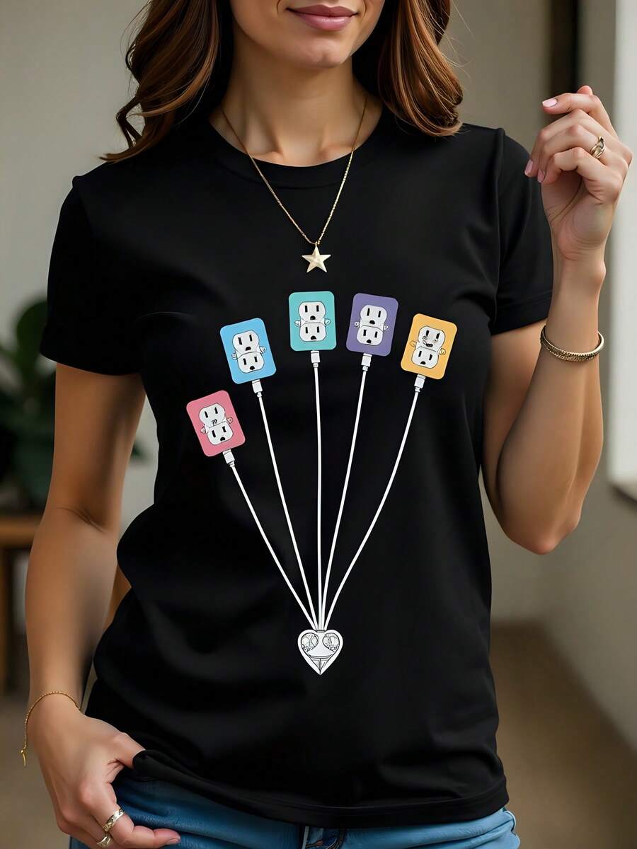 Camiseta de mujer de 180g de algodón negra con cuello redondo y manga corta estampada con adorables enchufes como globos en estilos urbanos casuales y modernas celebridades inspirada en conexión eléctrica y corazones - Negro - Ver 1