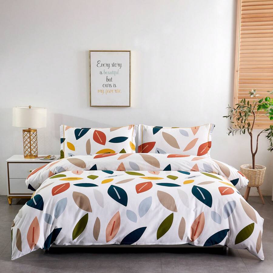 Printed Microfiber Bedding Set With Flat Sheet, Bedspread, And 1/2 Pillowcases, Available In Sizes 90*200 (Single), 135*200 (Double), 150*200 (Queen), And 180*200 (King). Suitable For Bedrooms, Student Residences, And Rented Apartments, It's Ideal For Students, Couples, And Families With Different Sleep Needs. - 葉片 - 查看 1