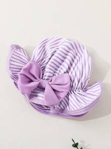 Baby Girls Fashion Cute Striped Patchwork Ruffled Zipper Raglan Sleeve One-Piece Swimwear With Bow Decorated Matching Hat, Casual Beach Vacation Outfit Set - 紫色 - 查看 7