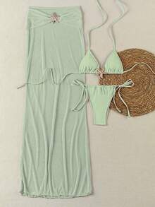 Polovedo Official New Spring/Summer Elegant Sexy Solid Green Starfish 3-Piece Bikini Set For Women, Beach Holiday Party Date - Green - View 2