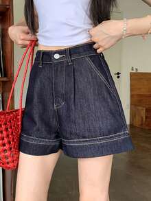 女士弹力腰海军蓝时尚短裤 - 深藍 - 查看 4