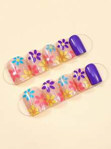 24pcs Blue Square Short Press-On Nails, Colorful Floral Pattern, Nail Art Supplies, Spring/Summer - Multicolor - View 3