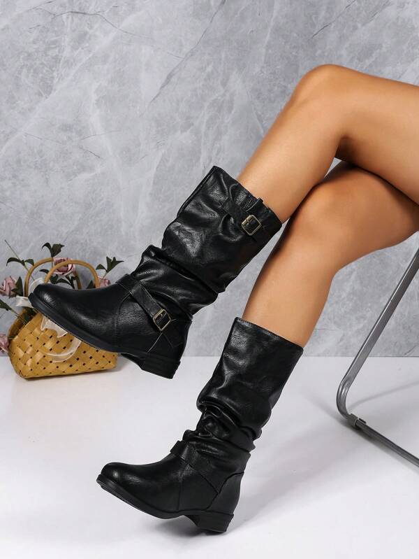 Stivali alti con tacco alto da donna per l'autunno/inverno 2024, nuovi stivali a metà polpaccio con tacco basso piatto, in finta pelle scamosciata antiscivolo, stivali alti sopra il ginocchio da donna in stile retrò con pieghe, stile western equestre