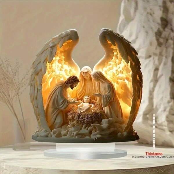 2D Acrylic Nativity Scene Desktop Decor - Mary, Joseph And Jesus In The Warm-Lit Stable - Suitable For Home, Office, 2D Flat
