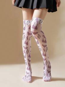 1 双女士薄款 3D 印花粉色内衣搭配高跟鞋图案大腿袜 - 前卫时尚的设计，展现迷人的个性化 | 360 数码印花大腿袜