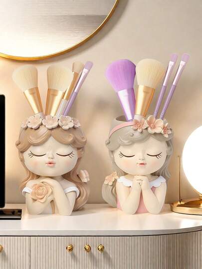 1pc 创意小仙女化妆刷收纳筒梳妆台桌面眼影眉笔刷笔筒收纳架，小女孩轻奢高端办公室装饰摆件，少女心桌面收纳女生礼物，最佳礼物，冬季，装饰品，家居，婚礼装饰，家居装饰，首饰收纳盒，派对装饰情人节生日