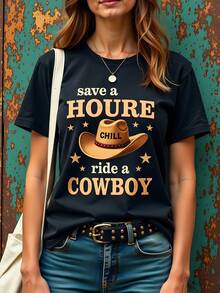 Camiseta negra de mujer 180g algodón cuello redondo manga corta con estampado Save a Horse Chill Ride a Cowboy estilo urbano casual  moda western ideal para verano y festivales tejano vintage retro - Negro - Ver 1