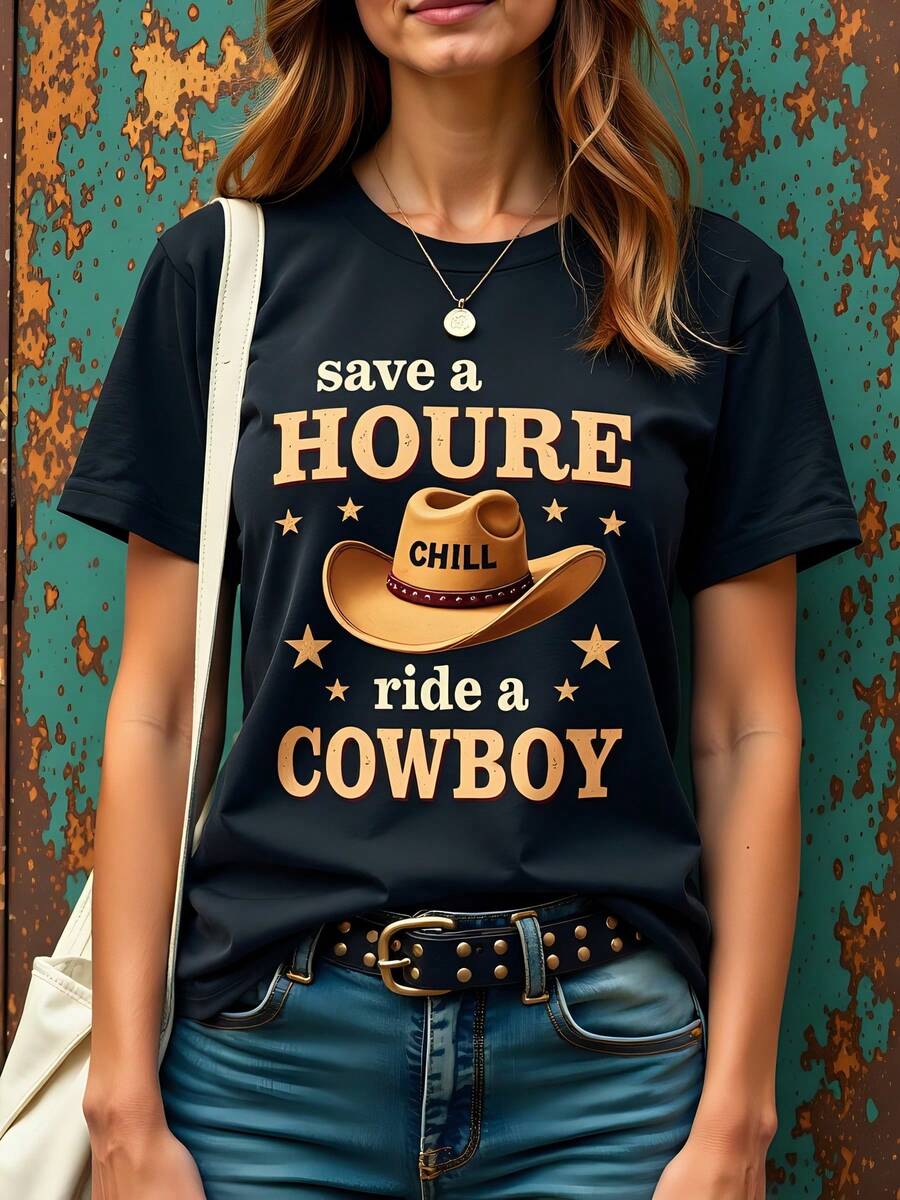 Camiseta negra de mujer 180g algodón cuello redondo manga corta con estampado Save a Horse Chill Ride a Cowboy estilo urbano casual moda western ideal para verano y festivales tejano vintage retro - Negro - Ver 1