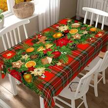 1 Stück Polyester-Tischdecke, Weihnachtsthema Tischdecke mit rotem Karomuster, dekoriert mit Tannenzweigen, goldenen Kugeln, Orangenscheiben und Lebkuchen, perfekt zum Dekorieren von Esstischen, um eine warme und festliche Atmosphäre für Familienfeiern und Feiertagsveranstaltungen zu schaffen. Geeignet für Gartenpartys, Picknicks, Abendessen, ideal für Heim- und Restaurantdekor.
