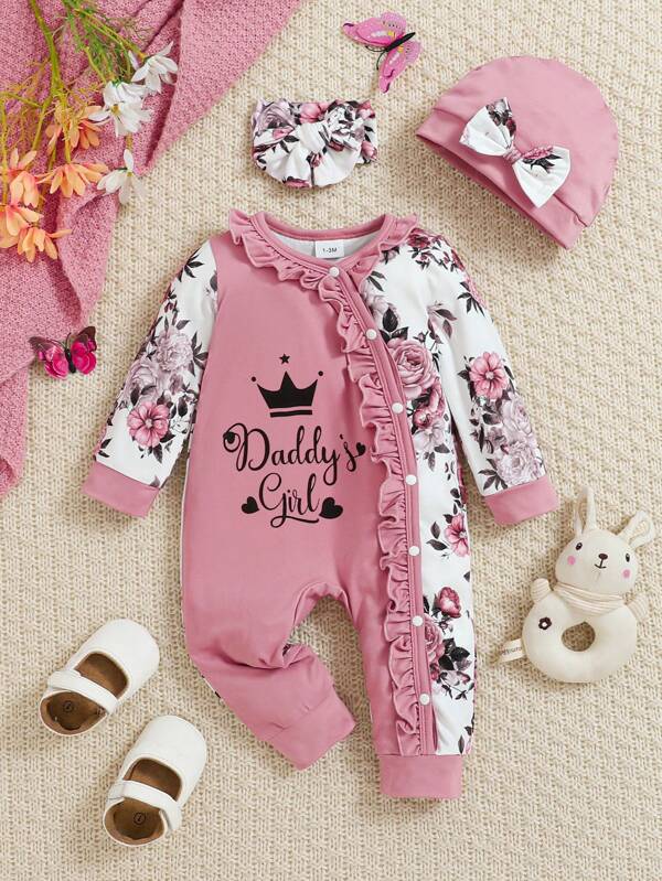 Baby Girl 3pcs Set: Floral Allover Print Bodysuit With Ruffled Collar, Crown Letter Print, With Hooded Hat And Headband, Autumn/Winter, Pink