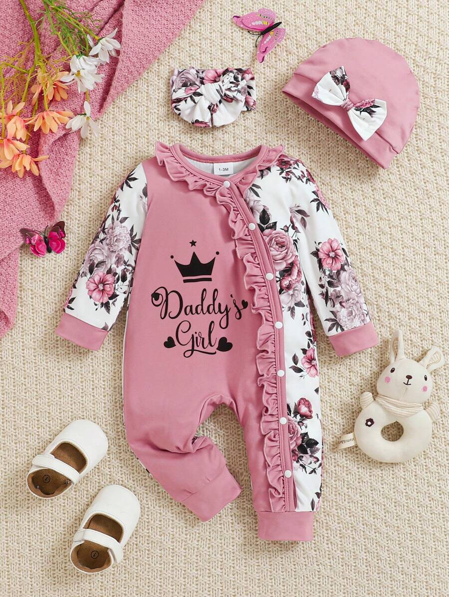 Baby Girl 3pcs Set: Floral Allover Print Jumpsuit With Ruffled Collar, Crown Letter Print, With Hat And Headband, Autumn/Winter, Pink - Pink - View 1