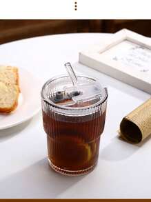 1pc Summer Fashion Striped Glass Water Cup, Reusable Beverage Glass With/Without Lid, Thickened Glass Suitable For Iced Coffee, Smoothie, Cocktail And Juice, Elegant And Durable Drinkware