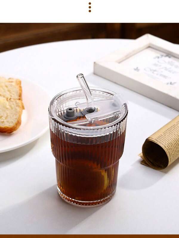 1pc Summer Fashion Striped Glass Water Cup, Reusable Beverage Glass With/Without Lid, Thickened Glass Suitable For Iced Coffee, Smoothie, Cocktail And Juice, Elegant And Durable Drinkware