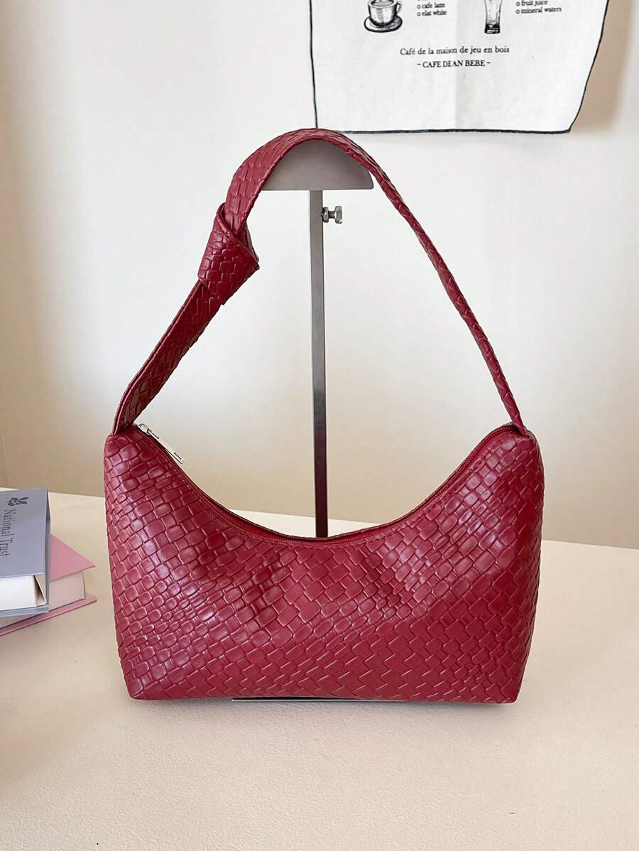 1 pieza Bolso bandolera de mujer de color borgoña sólido con textura tejida vintage de PU