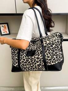 时尚拼色大容量手提包、单肩包、托特包、休闲短途旅行度假健身包女士学校包学校配件学校用品旅行必需品假日行李袋行李箱旅行包女士 - 黑色 - 查看 5