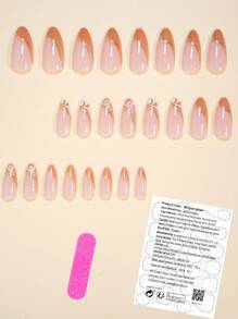 Expresa tu amor con 24 uñas postizas en forma de almendra con estilo elegante francés en colores naranja, marrón, rayas blancas, rayas doradas, nubes blancas con brillo y rayas rosas. Incluye un salón de uñas con 1 pieza de gel de jalea y 1 lima. Envío aleatorio del gel de jalea.