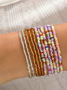 11pcs Minimalist Bohemian Style Handmade Beaded Crystal Glass Bead Multi-Layer Mixed Color Bracelet Set