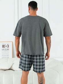 2pcs/Set Oversized Men's Casual Loose Pocket Round Neck Short Sleeve Plaid Shorts Pajama Set, For Spring/Summer Loungewear
