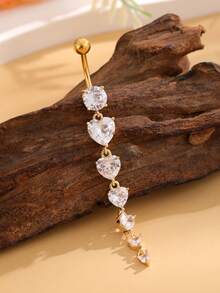 1pc Golden Long Pendant With 6pcs Zirconia Heart Shape Inlaid Navel Ring, Stainless Steel Belly Button Piercing Jewelry For Daily Wear