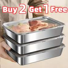 Compre tres y llévese uno gratis, un total de 4 recipientes de almacenamiento de alimentos de acero inoxidable, con tapas gratis, bandejas para hornear duraderas, reutilizables, adecuados para picnics, preparación de comidas, organización del refrigerador y elementos esenciales de cocina | Fáciles de limpiar, apilables - Plateado - Ver 1