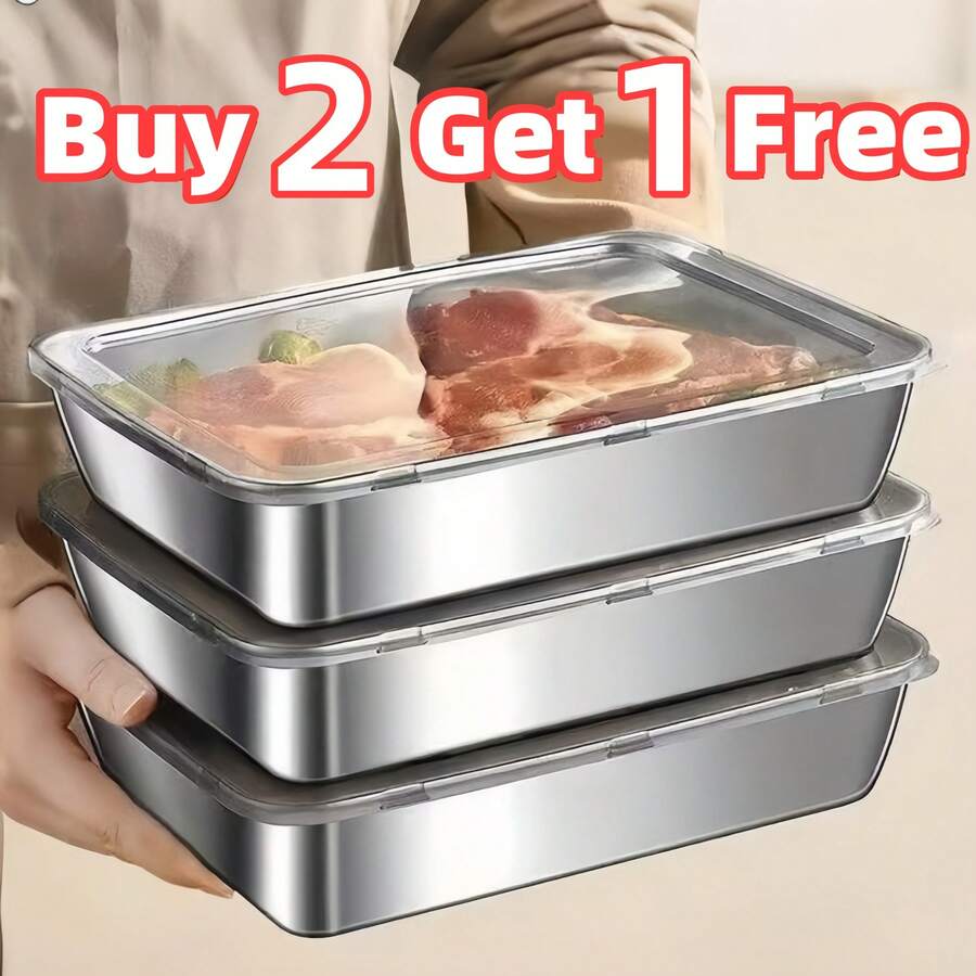 Compre tres y llévese uno gratis, un total de 4 recipientes de almacenamiento de alimentos de acero inoxidable, con tapas gratis, bandejas para hornear duraderas, reutilizables, adecuados para picnics, preparación de comidas, organización del refrigerador y elementos esenciales de cocina | Fáciles de limpiar, apilables - Plateado - Ver 1
