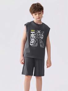 Balabala Bộ đồ ngắn tay cho bé trai tuổi mới lớn, trang phục 2 món nhanh khô mùa hè 2025 - màu xám đen - Xem 3