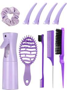 1/10pcs Silicone Scalp Massage Brush Set, Including 1pc 200ml High Pressure Continuous Spray Bottle, 3pcs Hair Styling Brushes, 1pc Large Hair Scrunchie, 4pcs Bangs Clips. Suitable For Salons, Barbershops, Home And Travel Use, Fits All Hair Types, Crafting Perfect Hairstyles