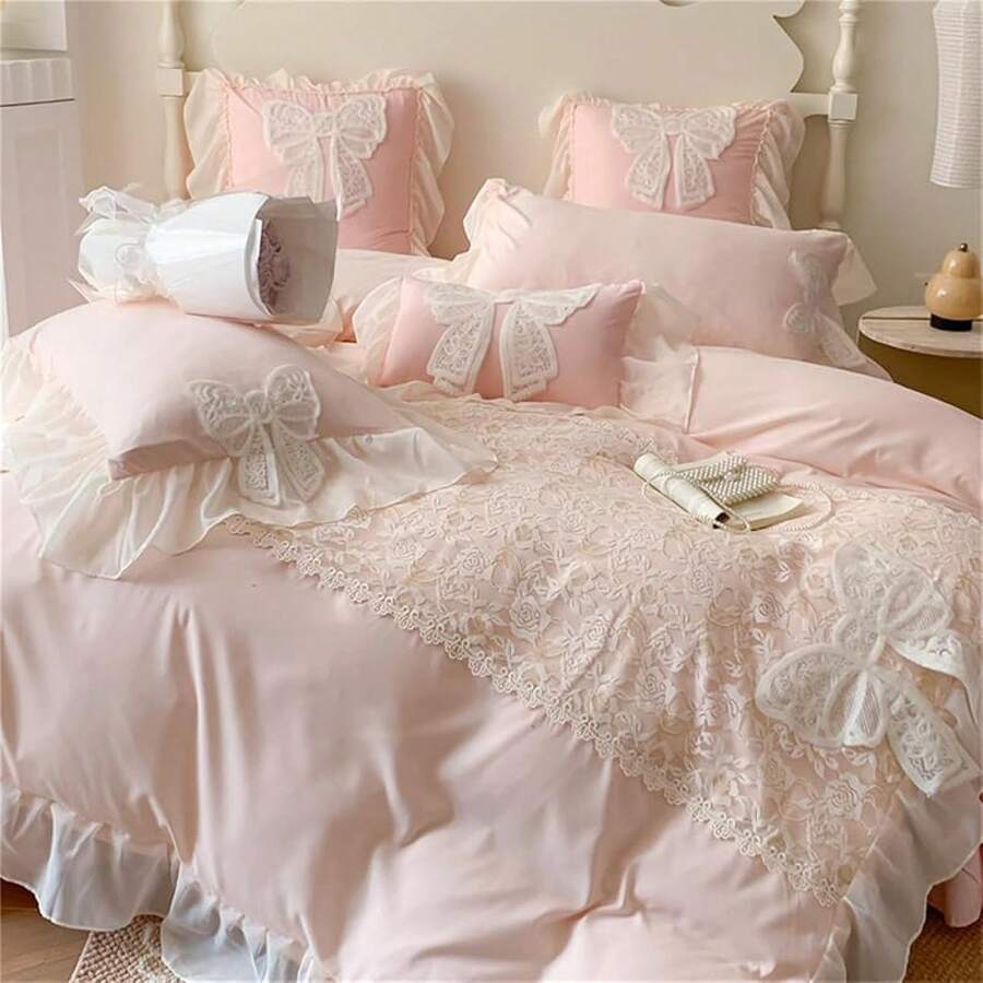 Lovely Bow Chic Duvet Cover Set - Ruffle Lace Polyester Comforter Cover - French Princess Style Bedding - 2 Piece Twin Duvet Cover With Zipper Close - No Comforter - White, Twin Size, Bedroom Decor - 粉色 - 查看 1