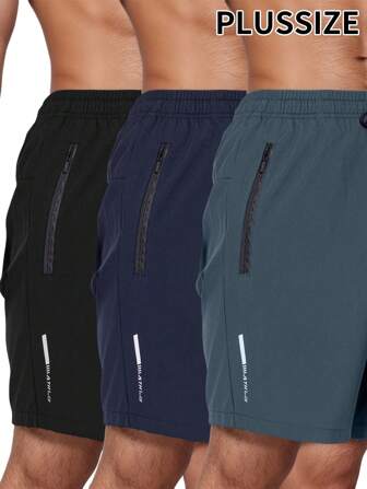 3pcs Men's Plus Size Outdoor Casual Sports Shorts, Letter Print Quick Dry Fitness Short Pants, Summer