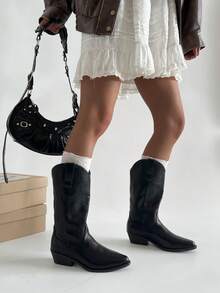 Women's V-Cut Mid-Calf Western Boots, New Autumn/Winter Version, Black Color With Embroidery , Knight Boots With Chunky Heels - Black - View 5