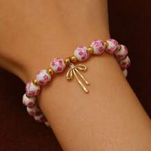 Elegant Vintage Bow Pendant, Patterned Ceramic Beaded Bracelet For Women, Fashion Jewelry Accessory, Gift Idea For Boyfriend Or Girlfriend, Porcelain Bead Bracelet Set