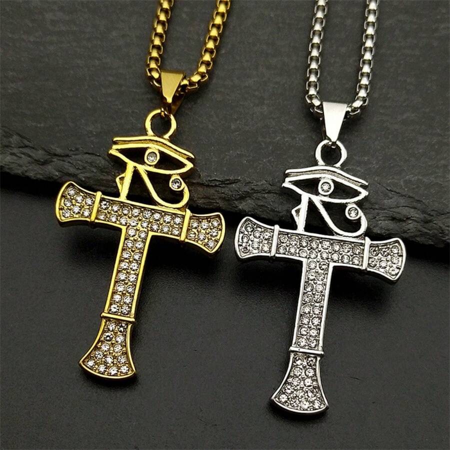 埃及十字架生命之钥水钻项链男女款不锈钢金色荷鲁斯之眼护身链首饰 - 項鍊 - 查看 1