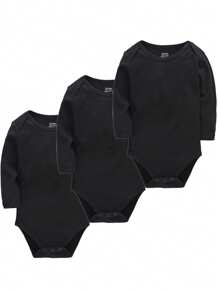 3pcs Baby Boys Black Bodysuit Long Sleeve Set, Suitable For Spring And Autumn