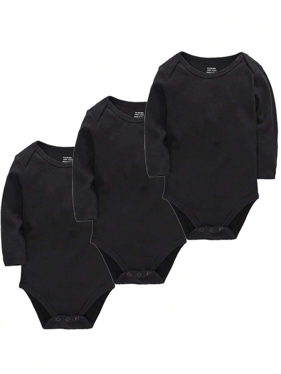 3pcs Baby Boys Black Bodysuit Long Sleeve Set, Suitable For Spring And Autumn