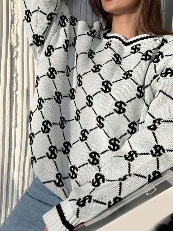 2025 Autumn And Winter Fashion Hot Products Daily Leisure Commuting Street Ins Style Black And White Contrast Ribbed US Dollar Pattern Women's Sweater