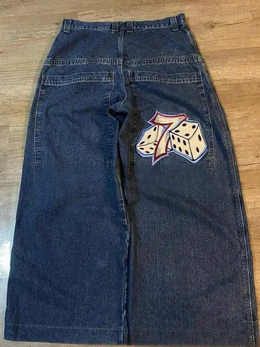 American Retro Washed Y2K Embroidered Hip-Hop Pattern Men's Jeans - 藏蓝色 - 查看 1