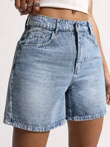 时尚宽松休闲女式牛仔短裤 - 藍色 - 查看 3