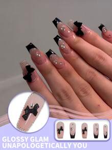 Kit de 24 uñas postizas francesas cortas con forma de almendra, con adornos de lazos y cristales de Rin, con marcos de cuentas de plata para un glamour de salón de calidad en casa y eventos especiales