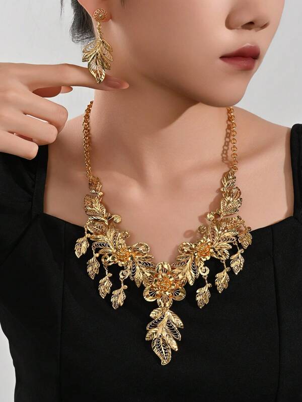 2pcs Necklace And Earrings Floral Leaf Design Copper Jewelry Set, Fashion Accessories For Women, Suitable For Middle East/Dubai/African/European Style Bride, Wedding, Party, Holiday Gift, Daily Wear