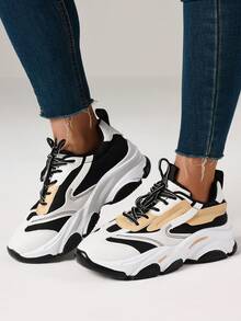 Women's Breathable Flat Sneakers Fashion Chunky Lace-Up Casual Comfortable Platform Sneakers Workout Sport Running Walking Tennis Shoes - 黑與白 - 查看 9