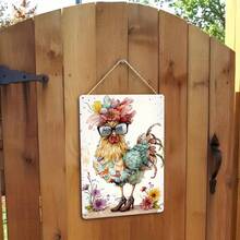 1 pieza Letrero de hojalata 2D plano, Gallo con botas y gafas, arte de granja divertido, decoración de pollo colorido, adecuado para cocina o granero, 30cm x 20cm con agujeros perforados previamente, estilo de agujero aleatorio
