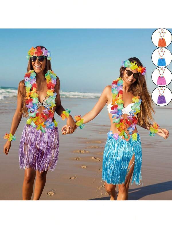 5pcs Women Beach Skirts With Elastic Waist And Colorful Flower Patterns, Adult Grass Skirts In Multiple Colors, Lightweight Tropical Style Grass Skirts Suitable For Beach Parties, Summer Festivals, Hawaiian Themed Decorations, Summer Concerts, Suitable For Dances, Beach Parties, Seasonal Dances And Parties