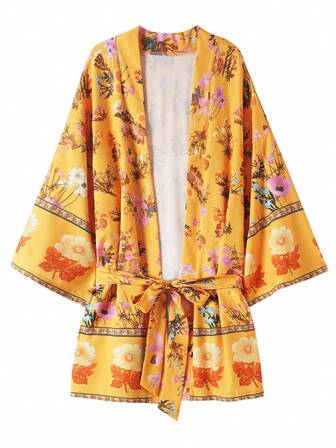 波西米亚风格女式花卉印花系腰和服罩衫，宽松休闲海滩度假上衣，复古花卉超大系腰 3/4 袖连衣裙罩衫