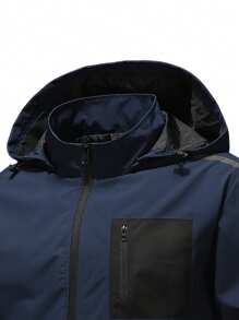 1 Peça Jaqueta Corta-Vento com Capuz e Bolsos Colorblock para Homens, Softshell À Prova d'Água para Uso Externo e Funcional