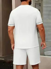 Men's Plus Size Los Angeles Letter 3D Digital Print Shorts Set, Casual Summer Sports Oversized Men's Short Sleeve And Shorts 2 Piece Set