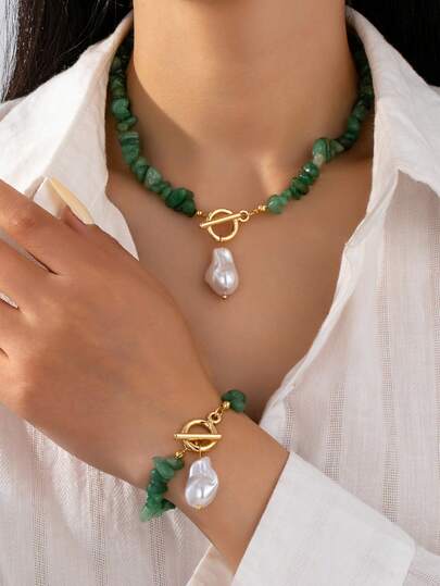 女士绿松石碎片和仿巴洛克珍珠首饰套装，包含 2 款优雅合金时尚配饰，适合日常佩戴 - 项链和手链套装