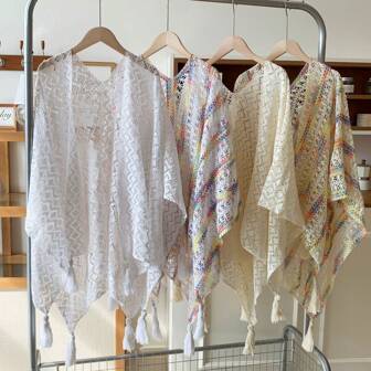 1 pièce Cardigan ajouré tricoté blanc pour femmes, Cape châle à franges élégante rétro, Vêtement léger, Poncho pour port quotidien des femmes