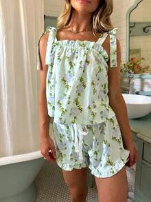 Women Y2k Floral Pajamas Set Bow Tie Shoulder Strap Sleeveless Flowy Smocked Crop Tank Top And Ruffle Boxer Shorts Sets 2 Summer Cute Sleepwear Pjs Loungewear - 綠色 - 查看 2